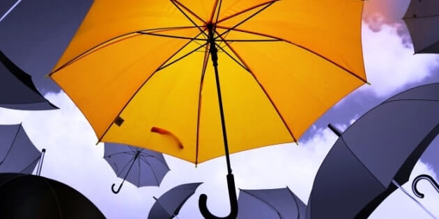 Unique yellow umbrella among black ones. Choosing your business consultant. Blazetrue article